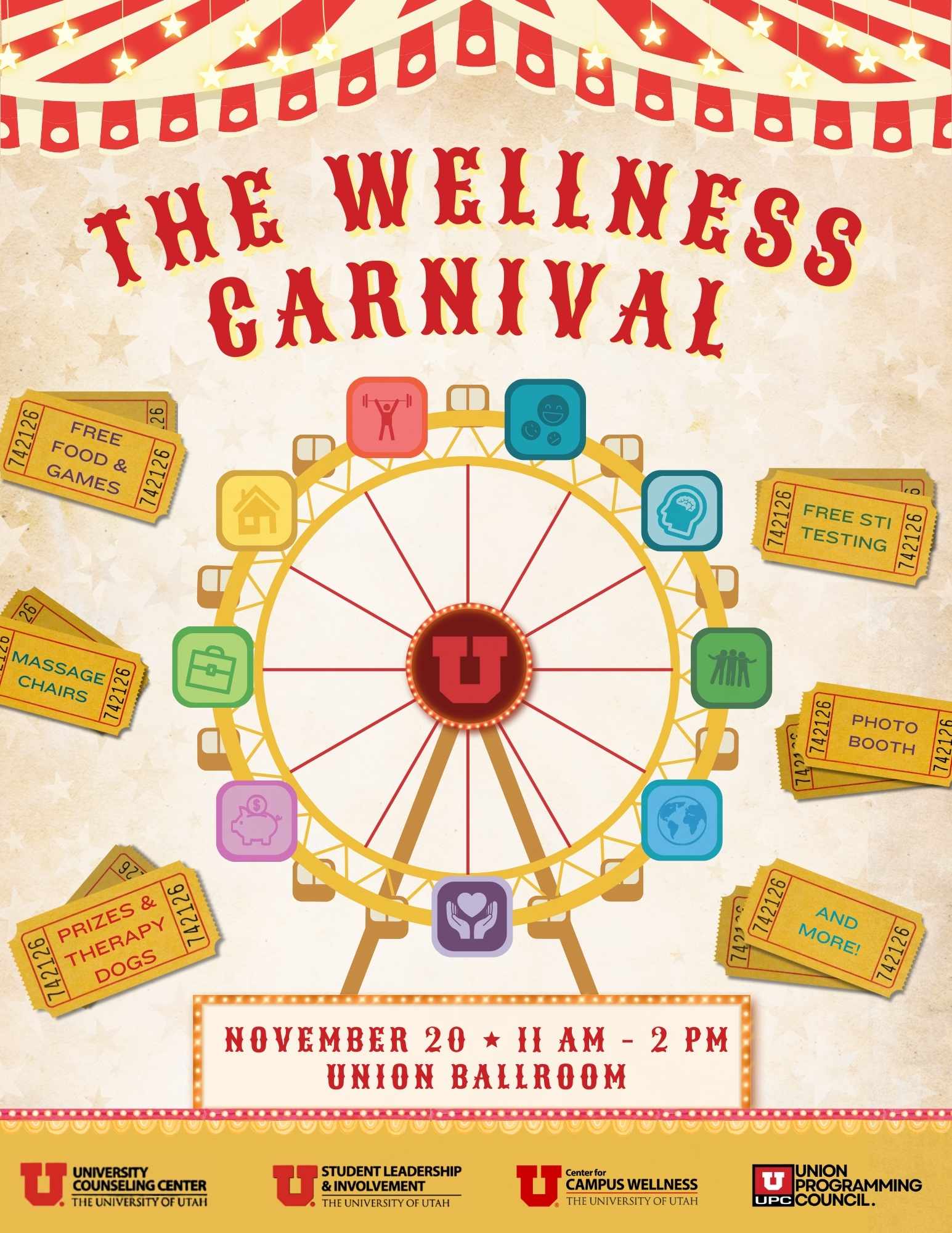 The wellness carnival. November 20 from 11 am to 2 pm in the Union Ballroom. Free food and games, massage chairs, prizes and therapy dogs, free STI testing, photo booth, and more!