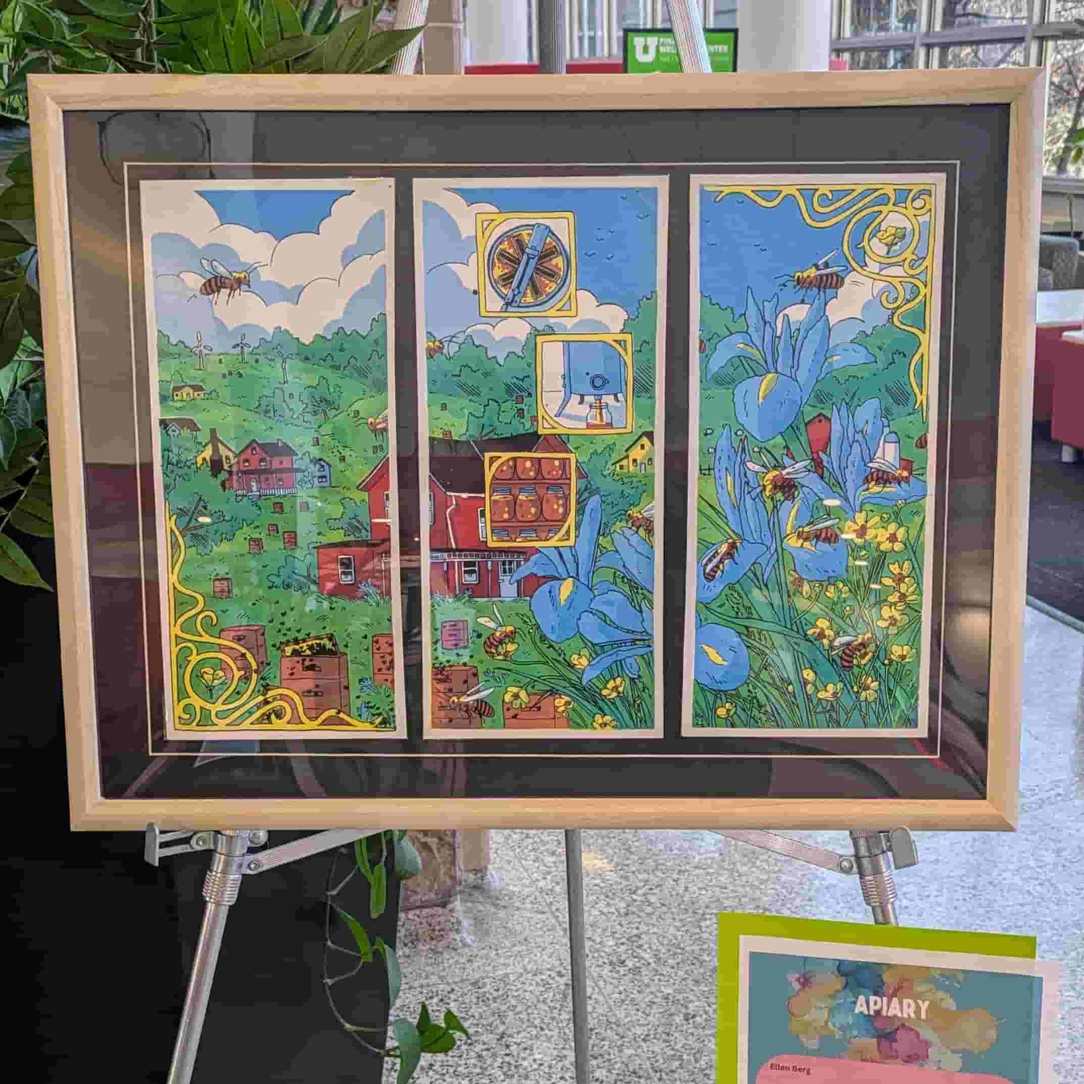 A canvas of an open field with bees making honey